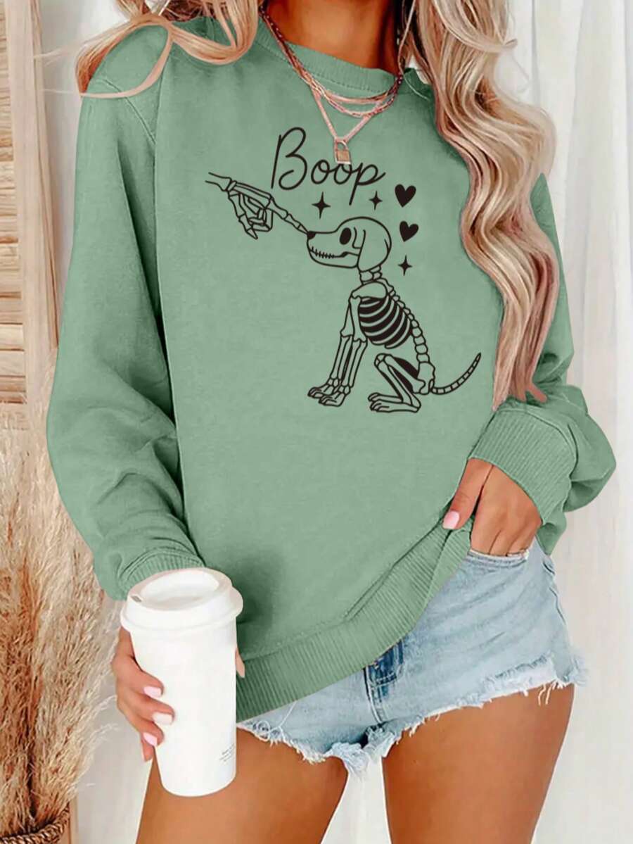 Winter Clothing Gift Ideas - 여성용 해골 강아지 그래픽 스웨트셔츠, 라운드넥,
