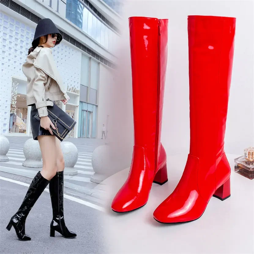 여성용 레드 화이트 에나멜 가죽 무릎 높이 부츠, 블록 - Winter Clothing For Women 리뷰 및 가격